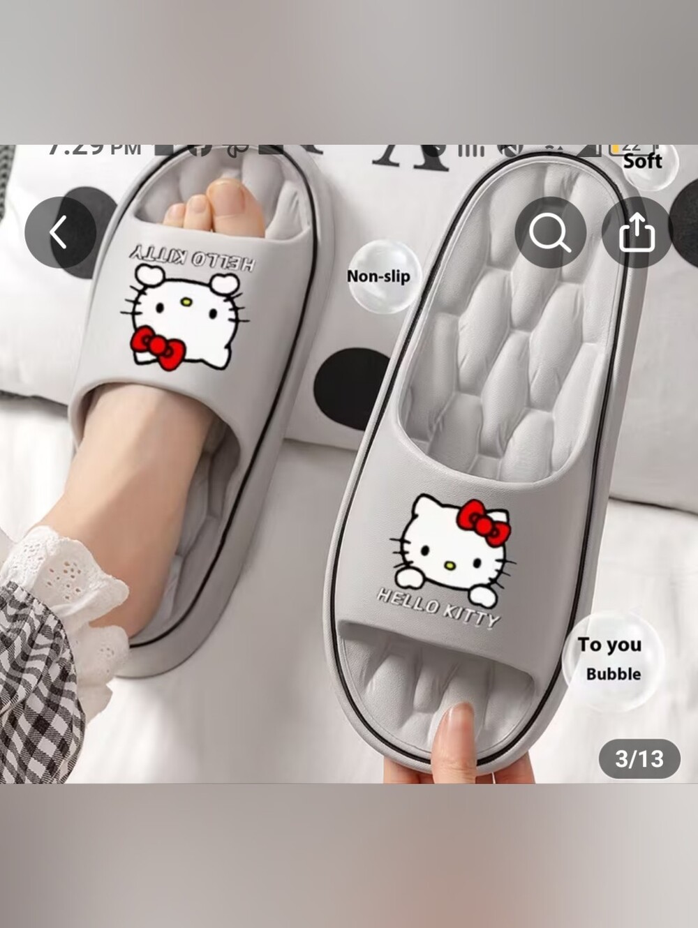 HELLO KITTY RARE Light Grey Open-Toe Slide Slippers with Red Bow Women's 9